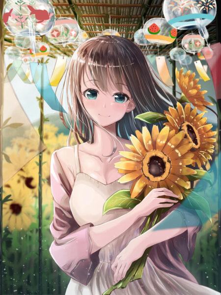 Hình ảnh cô gái cầm hoa hướng dương anime