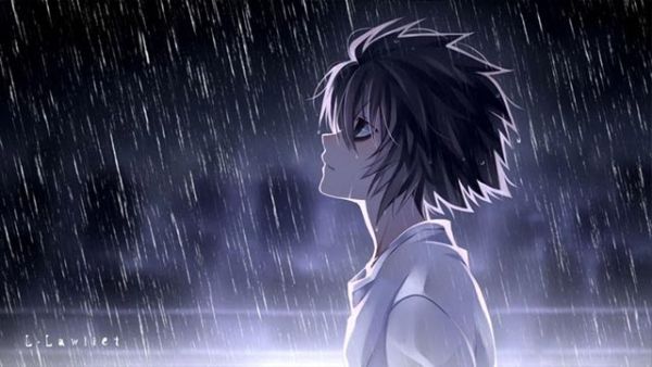 Hình anime nam buồn bã, cô đơn khóc dưới mưa 