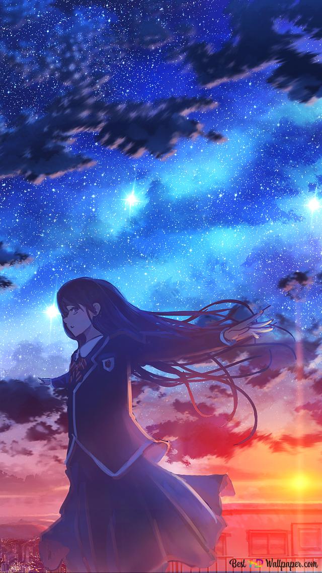 Anime cô gái hoàng hôn và bầu trời 2K tải xuống hình nền