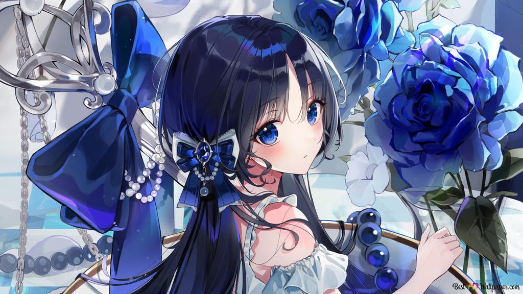 Cô gái anime xinh đẹp với mái tóc dài màu xanh và đôi mắt xanh tạo dáng giữa những bông hoa màu xanh 2K tải xuống hình nền